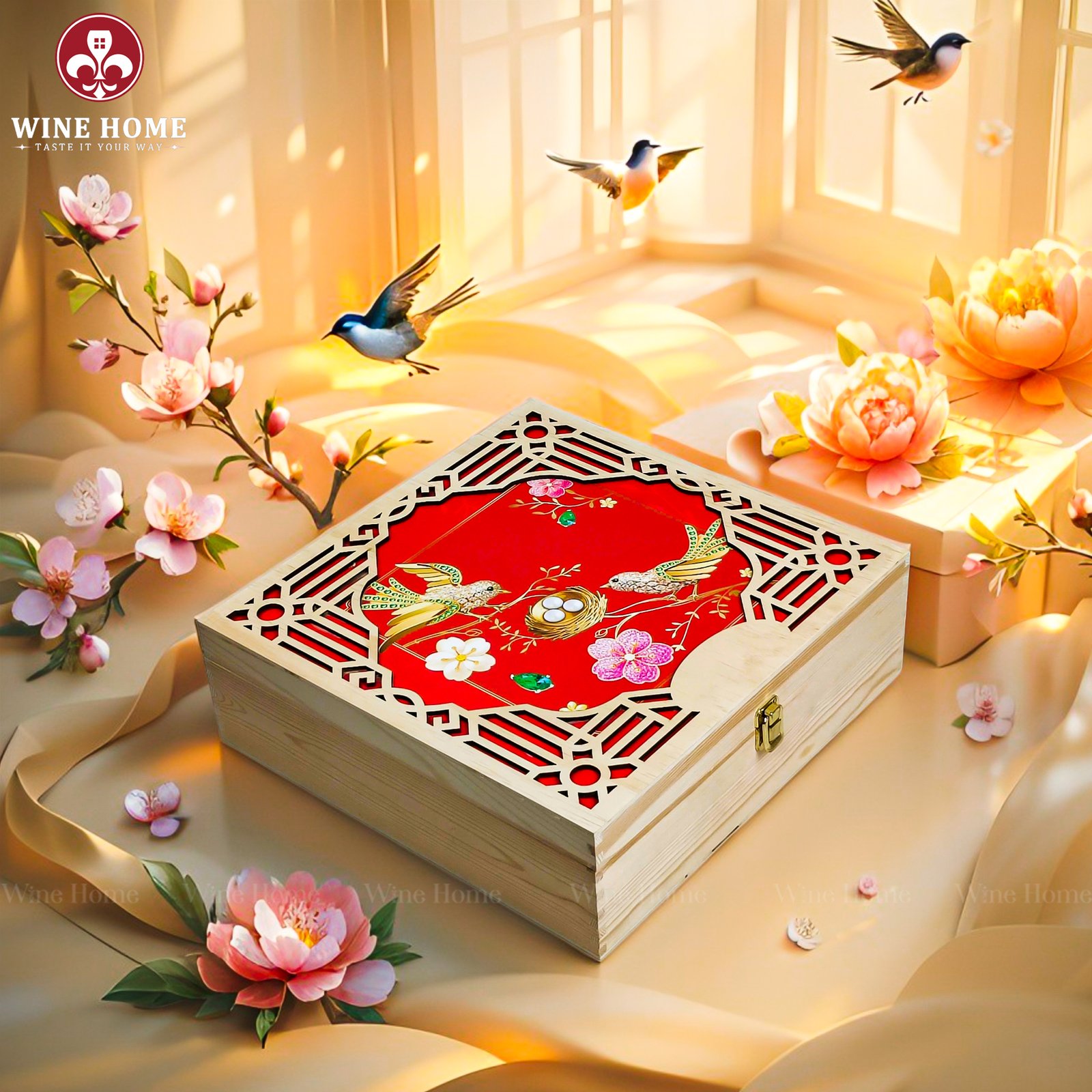 Wine Home Quà Tặng Hộp Quà Tết Xuân Như Ý Hộp Gỗ Đỏ