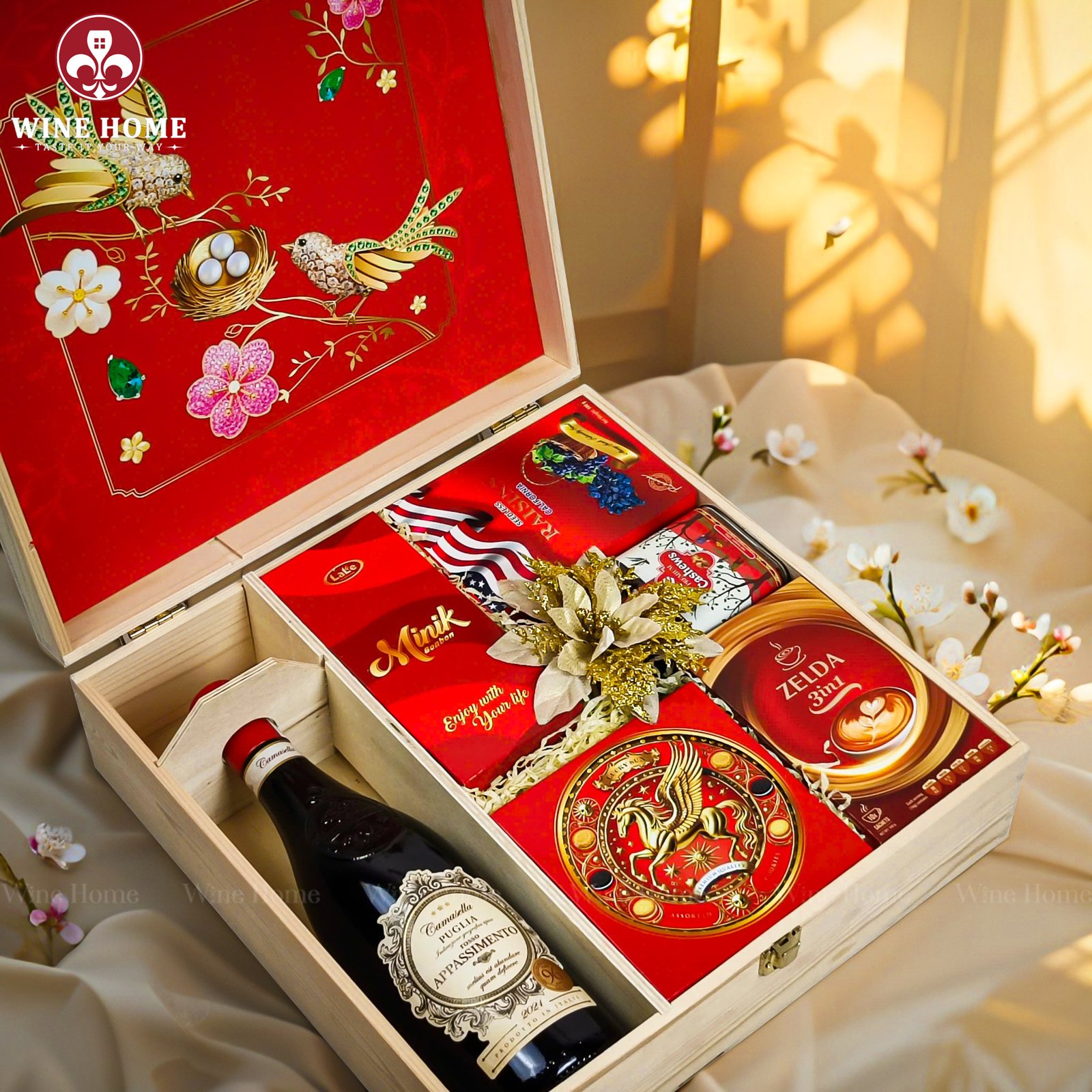 Wine Home Quà Tặng Hộp Quà Tết Xuân Như Ý Hộp Gỗ Đỏ 09