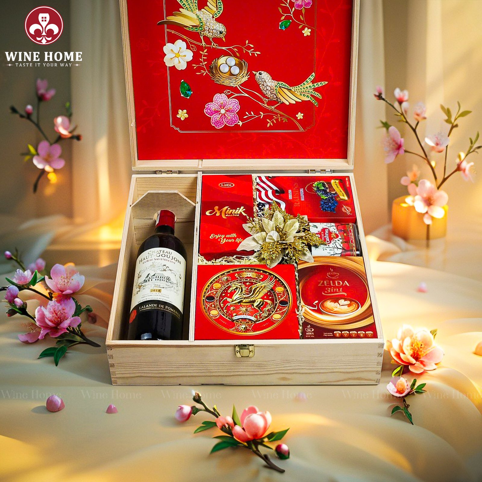 Wine Home Quà Tặng Hộp Quà Tết Xuân Như Ý Hộp Gỗ Đỏ 12
