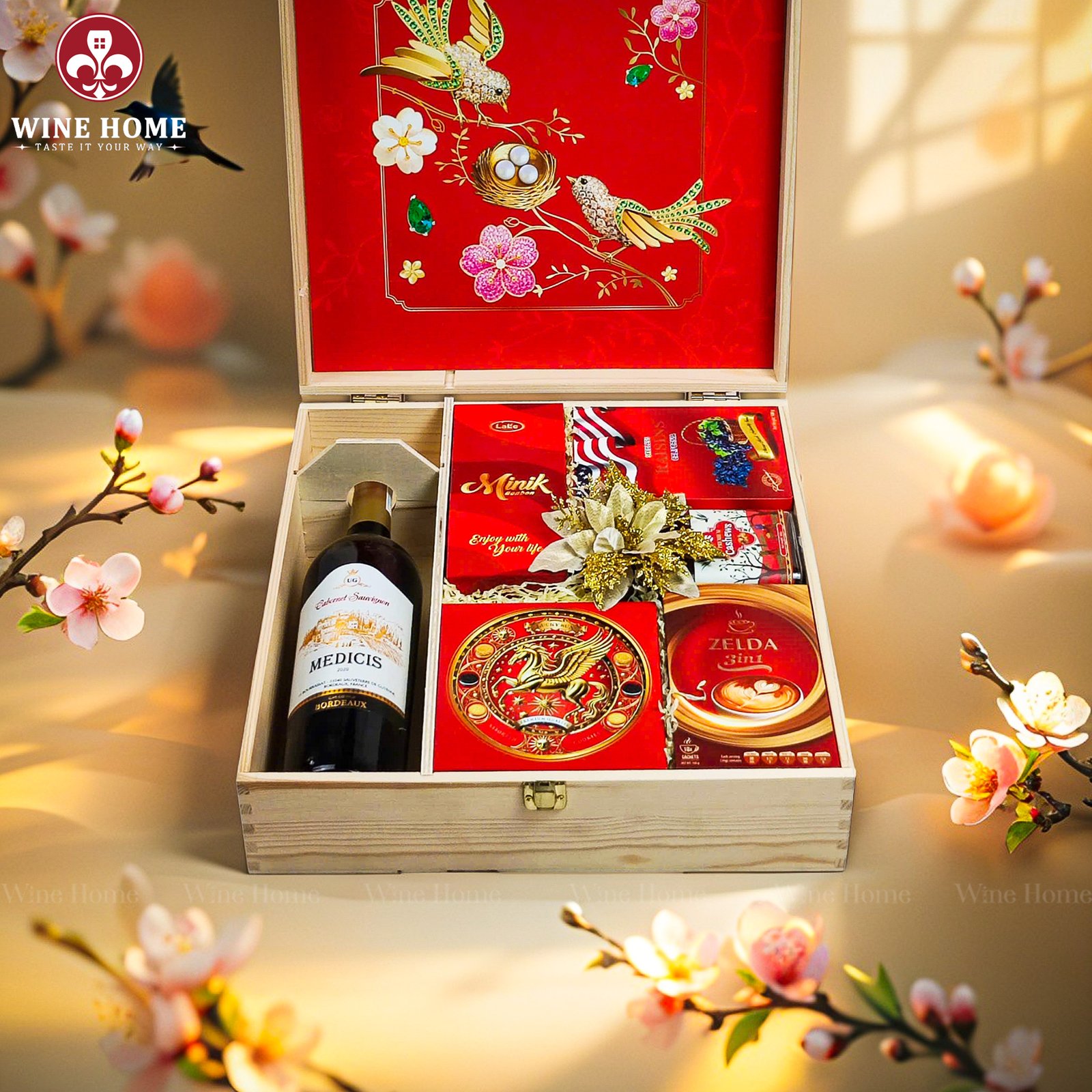 Wine Home Quà Tặng Hộp Quà Tết Xuân Như Ý Hộp Gỗ Đỏ 03