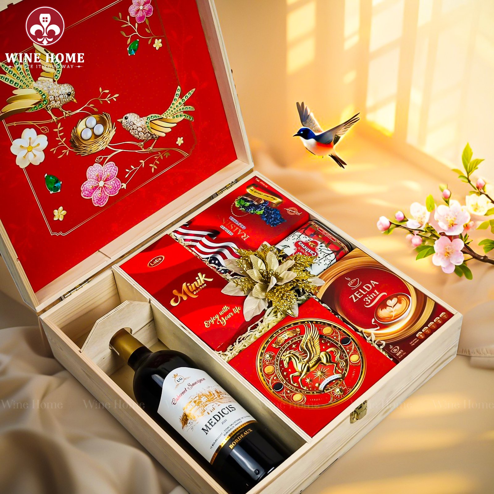 Wine Home Quà Tặng Hộp Quà Tết Xuân Như Ý Hộp Gỗ Đỏ 03