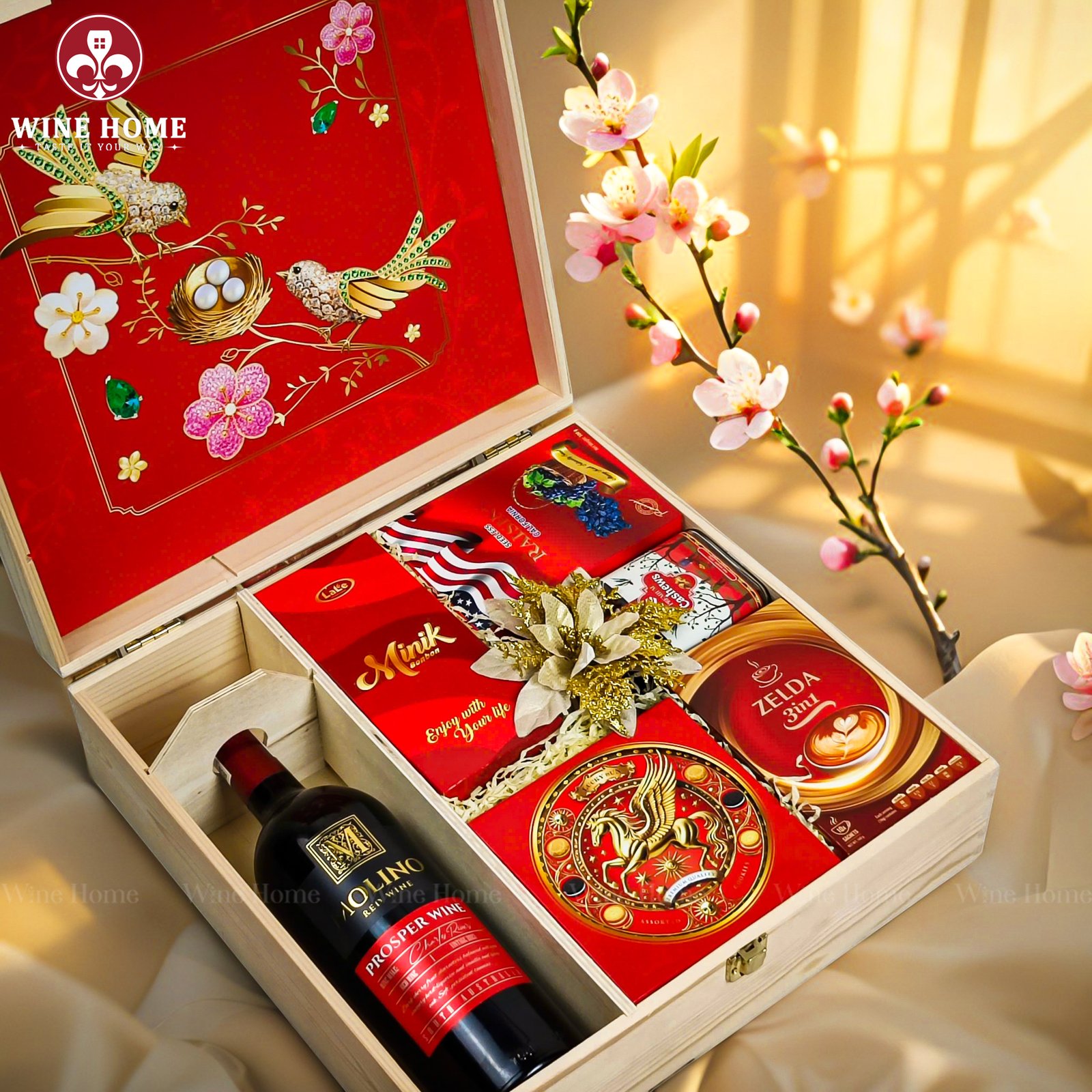 Wine Home Quà Tặng Hộp Quà Tết Xuân Như Ý Hộp Gỗ Đỏ 02