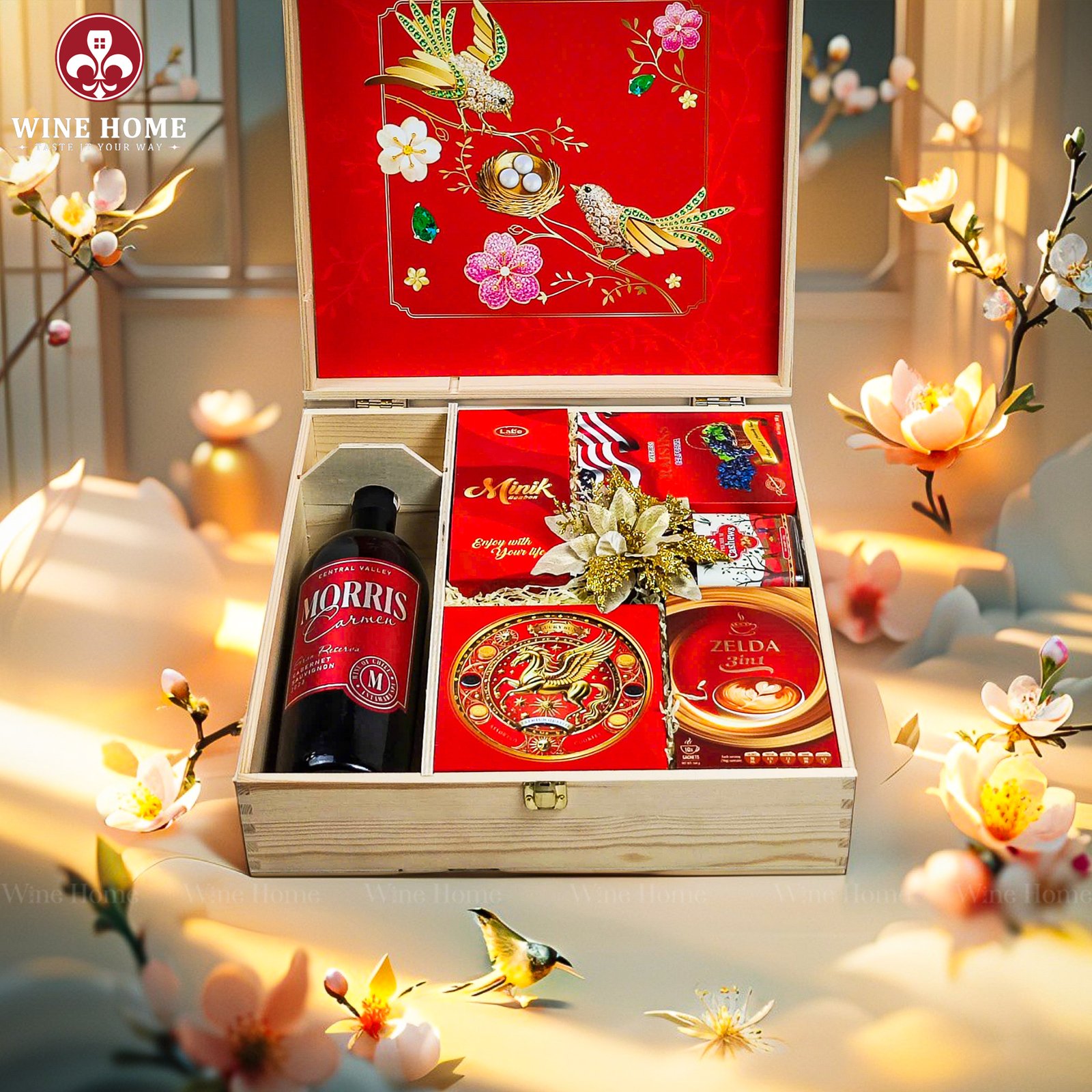 Wine Home Quà Tặng Hộp Quà Tết Xuân Như Ý Hộp Gỗ Đỏ 06