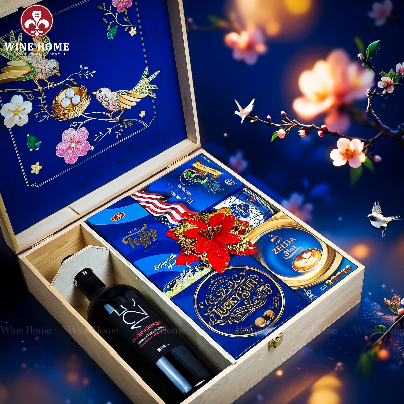 Wine Home Quà Tặng Hộp Quà Tết Xuân Như Ý Hộp Gỗ Xanh 07