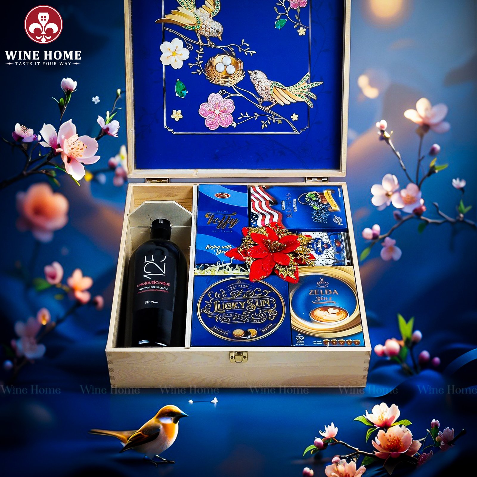 Wine Home Quà Tặng Hộp Quà Tết Xuân Như Ý Hộp Gỗ Xanh 07