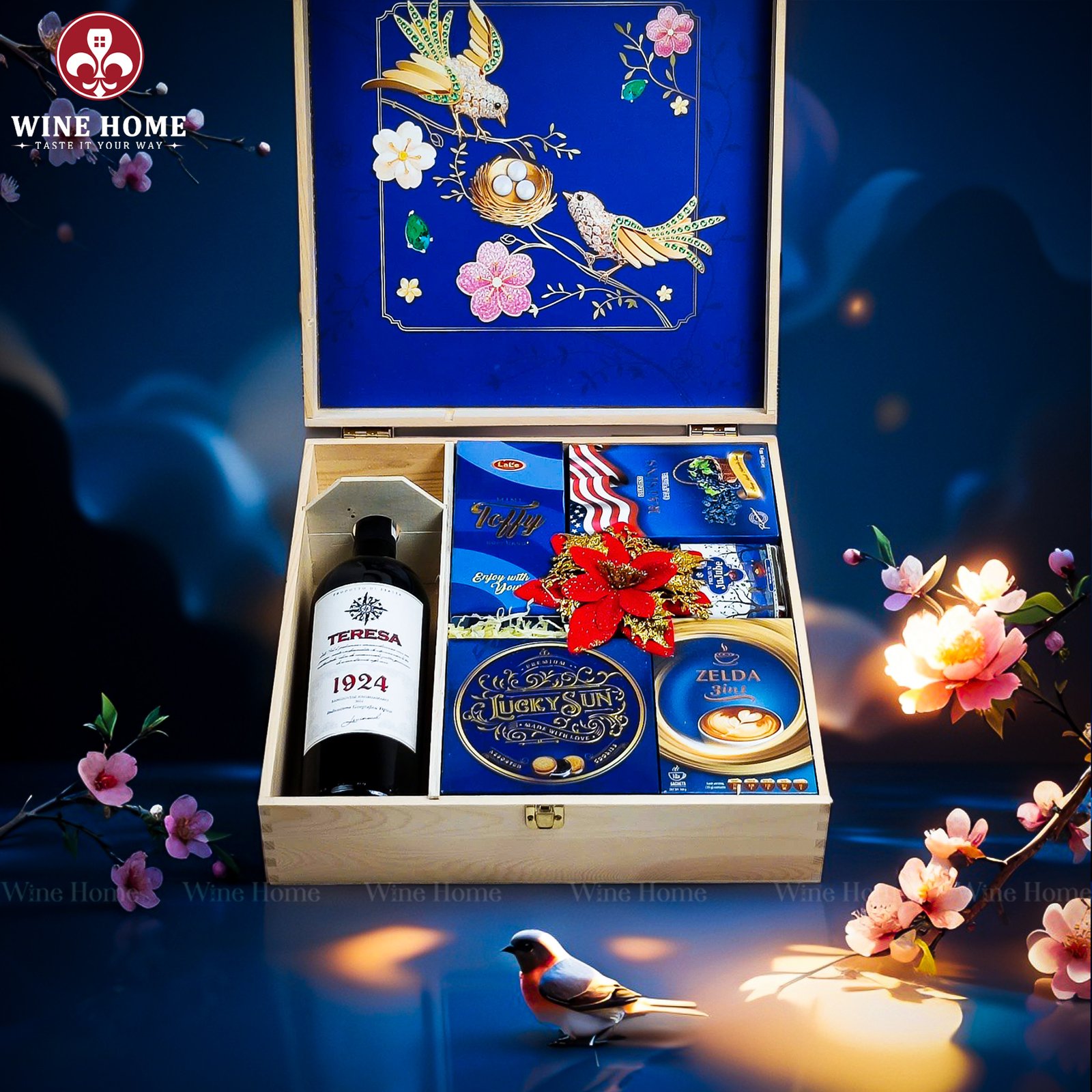 Wine Home Quà Tặng Hộp Quà Tết Xuân Như Ý Hộp Gỗ Xanh 05