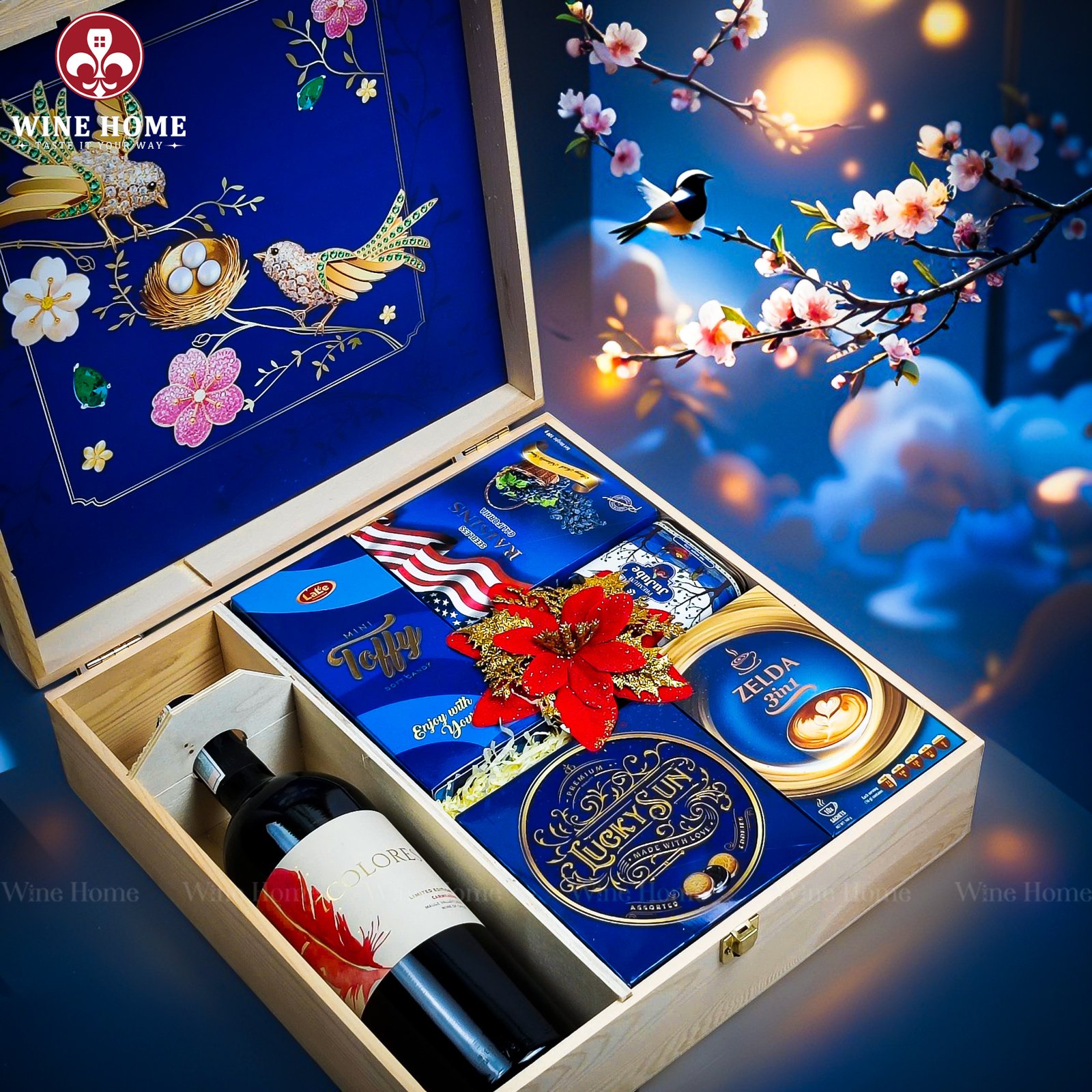 Wine Home Quà Tặng Hộp Quà Tết Xuân Như Ý Hộp Gỗ Xanh 12