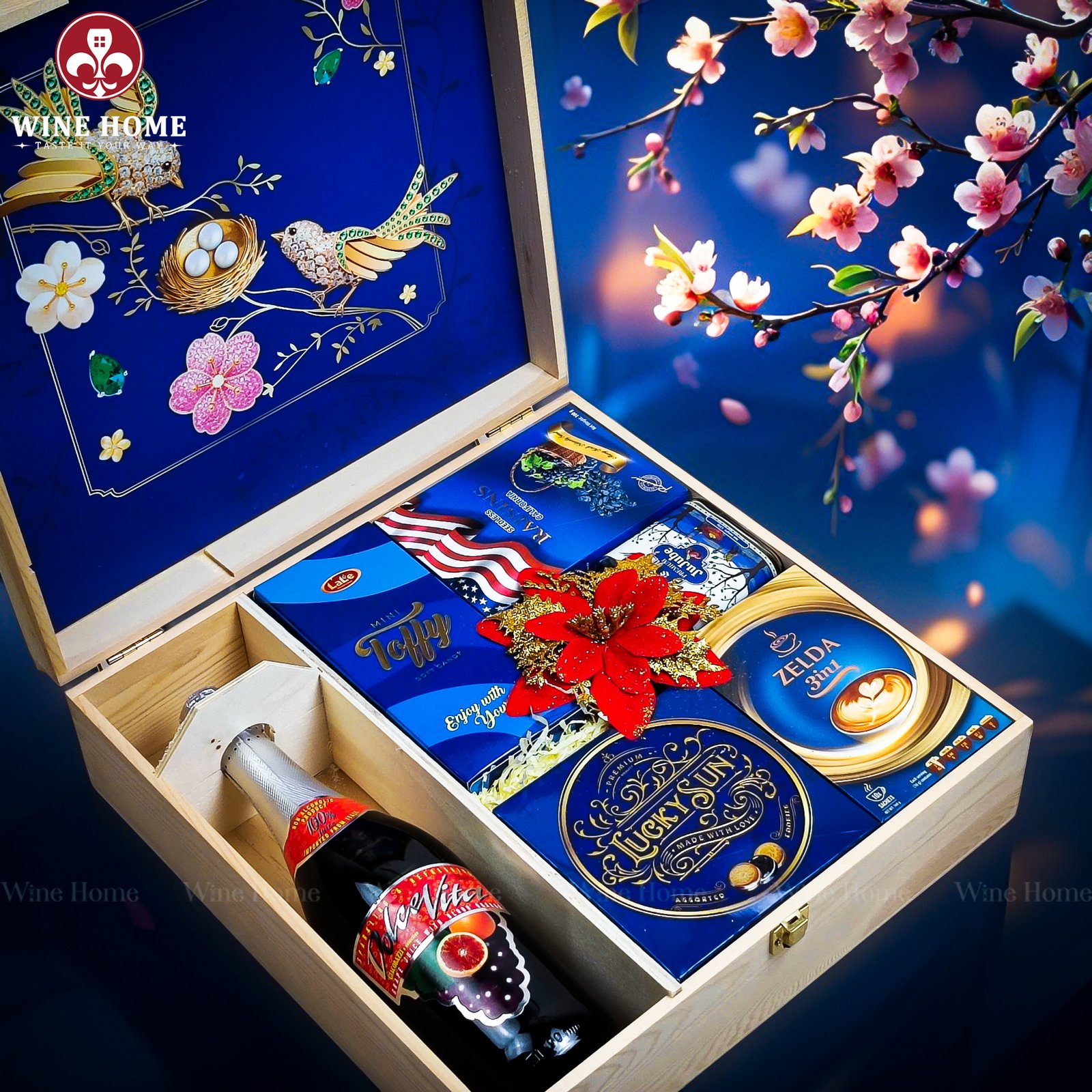 Wine Home Quà Tặng Hộp Quà Tết Xuân Như Ý Hộp Gỗ Xanh 01