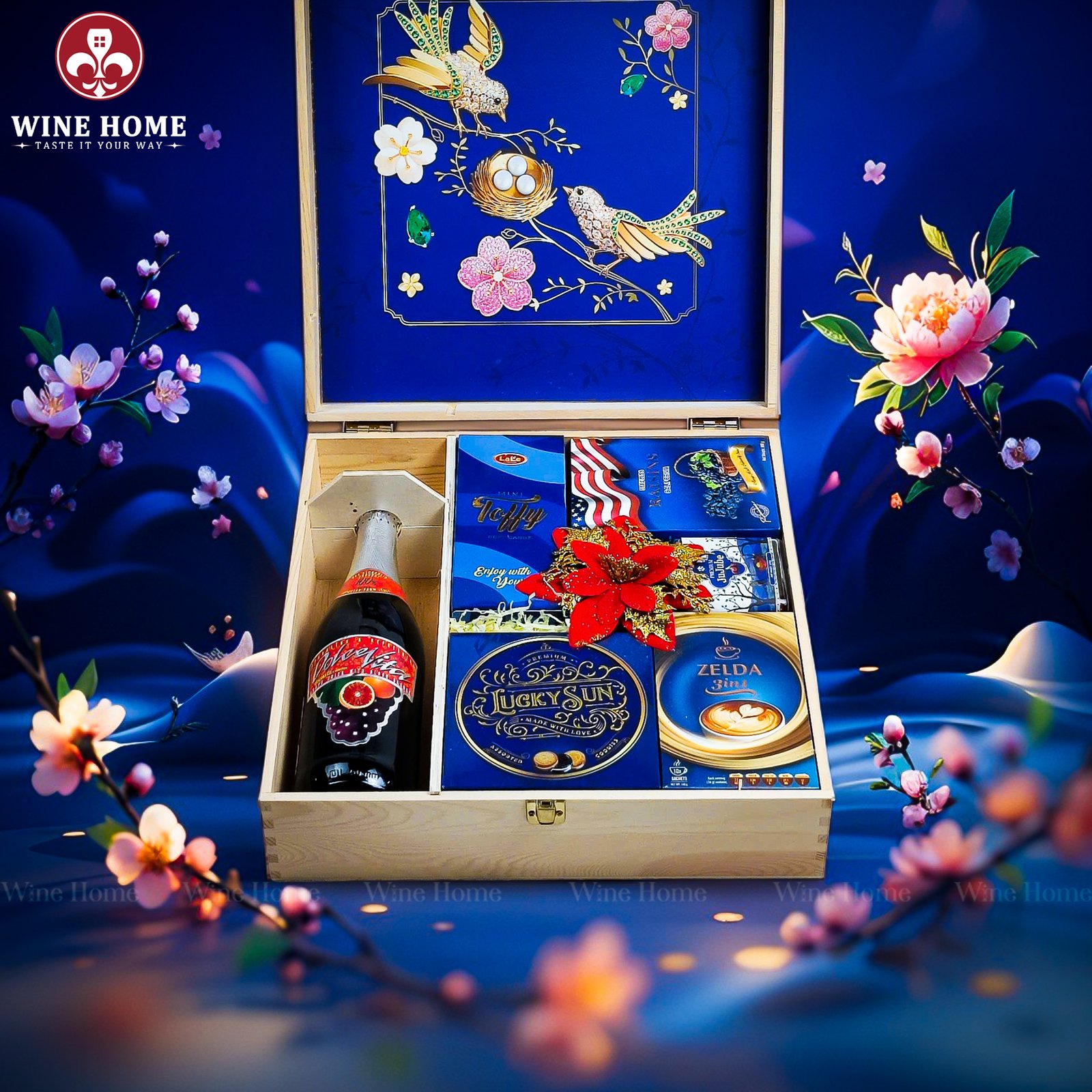 Wine Home Quà Tặng Hộp Quà Tết Xuân Như Ý Hộp Gỗ Xanh
