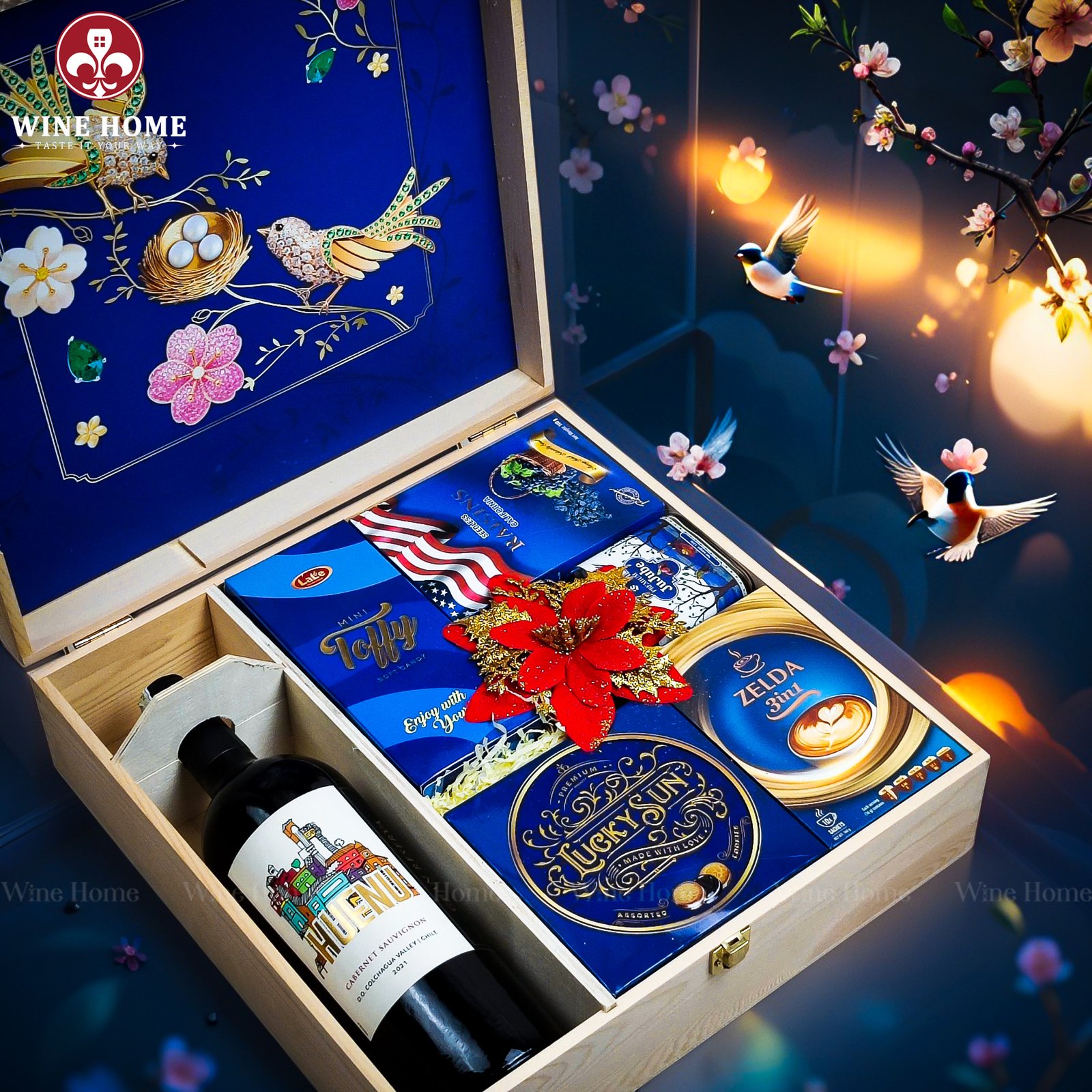 Wine Home Quà Tặng Hộp Quà Tết Xuân Như Ý Hộp Gỗ Xanh 08