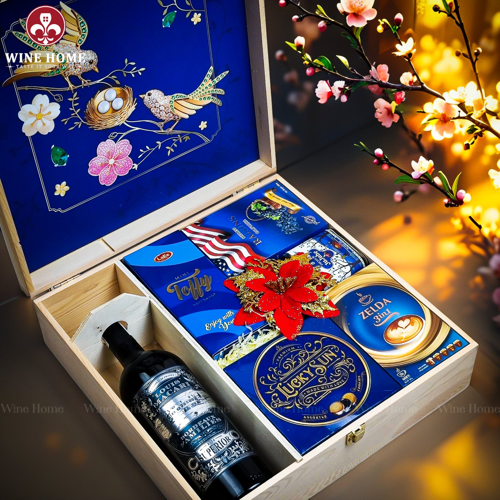 Wine Home Quà Tặng Hộp Quà Tết Xuân Như Ý Hộp Gỗ Xanh 03