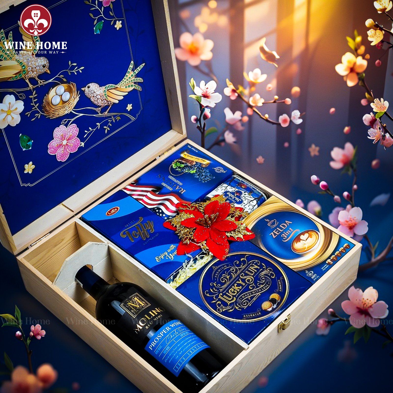 Wine Home Quà Tặng Hộp Quà Tết Xuân Như Ý Hộp Gỗ Xanh 02