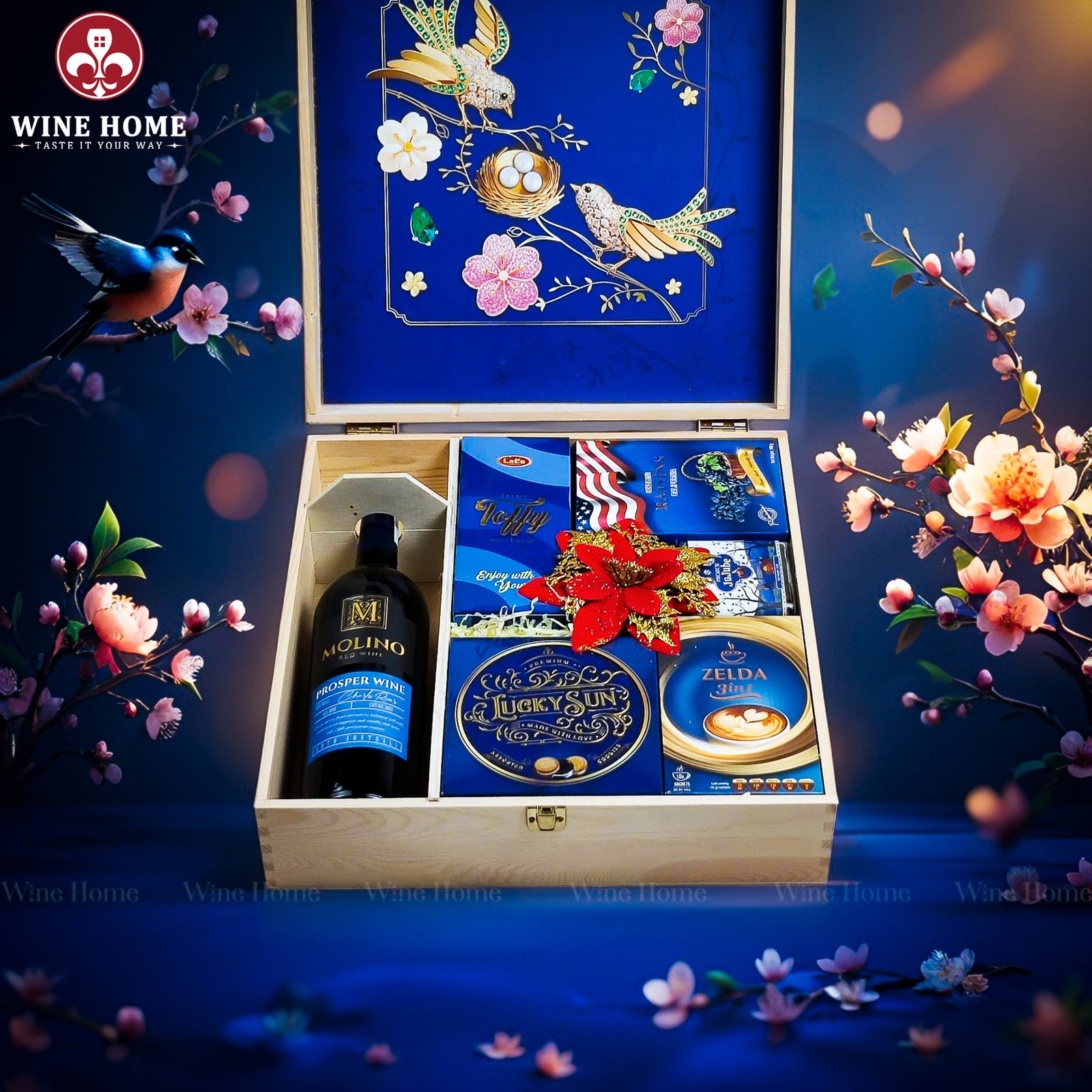 Wine Home Quà Tặng Hộp Quà Tết Xuân Như Ý Hộp Gỗ Xanh 02