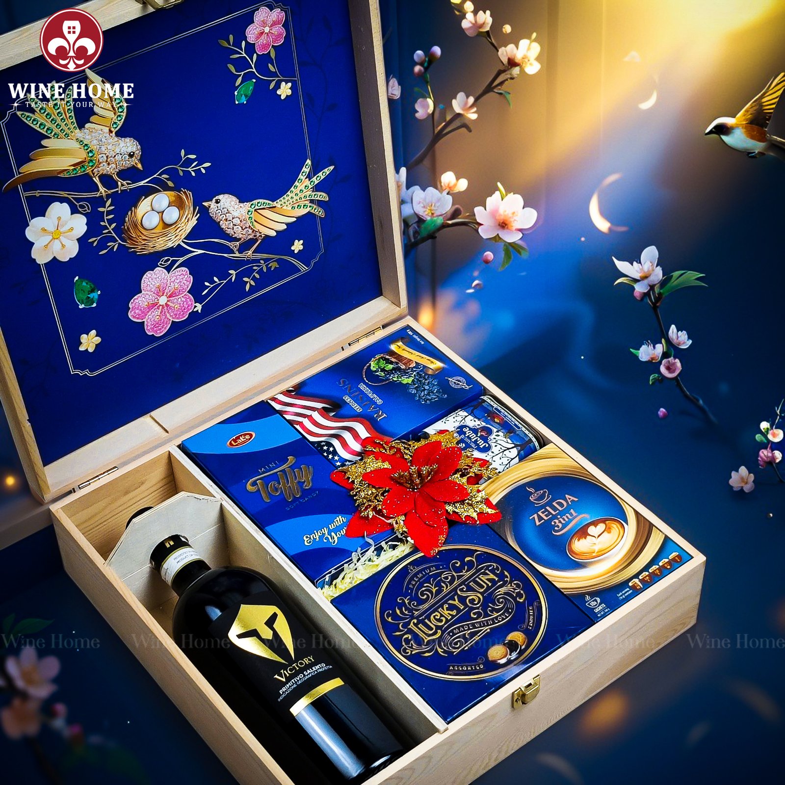 Wine Home Quà Tặng Hộp Quà Tết Xuân Như Ý Hộp Gỗ Xanh 09